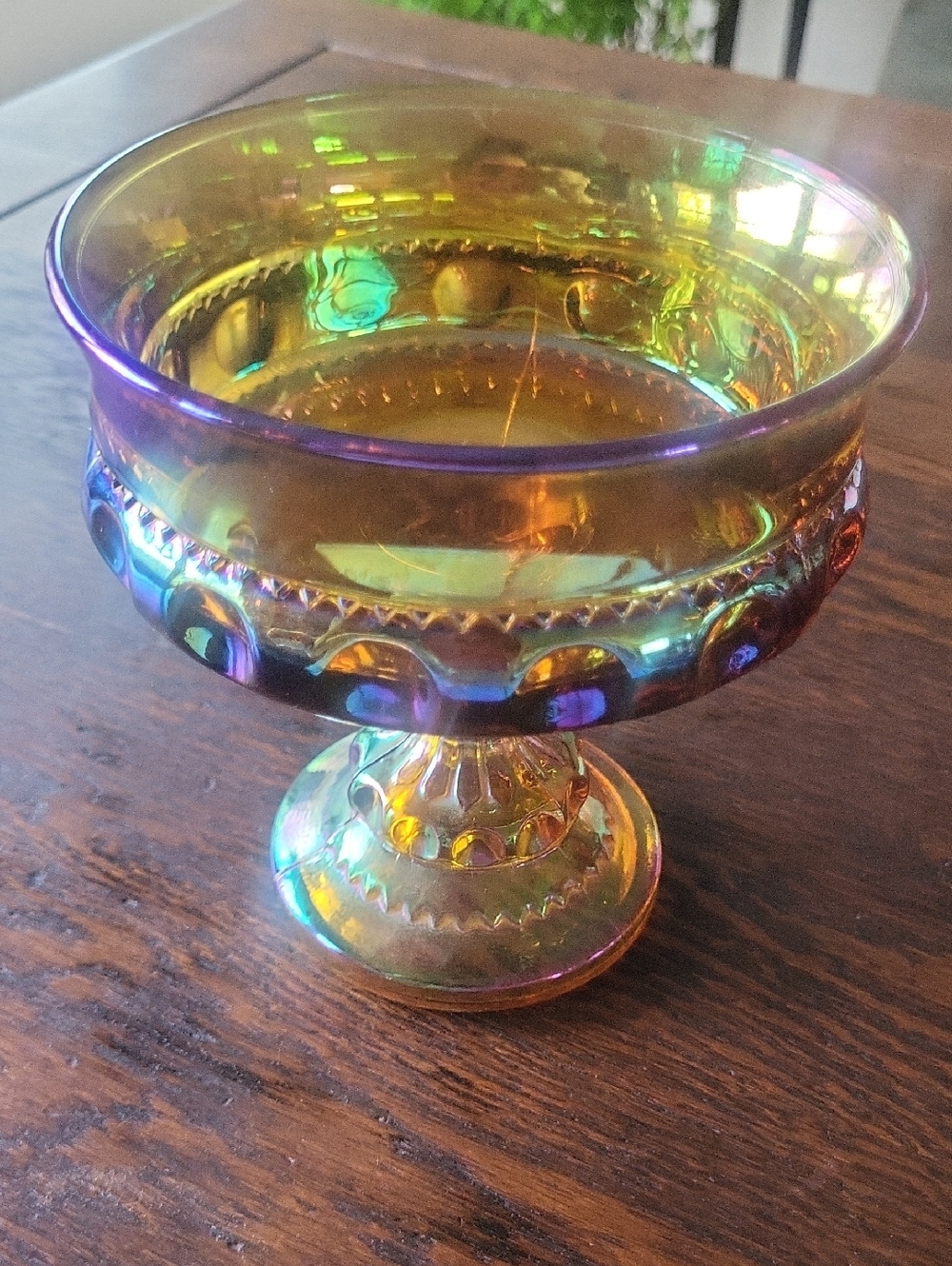 Vintage Iridescent Amber Carnival Glass Compote - Picture 2 of 4
